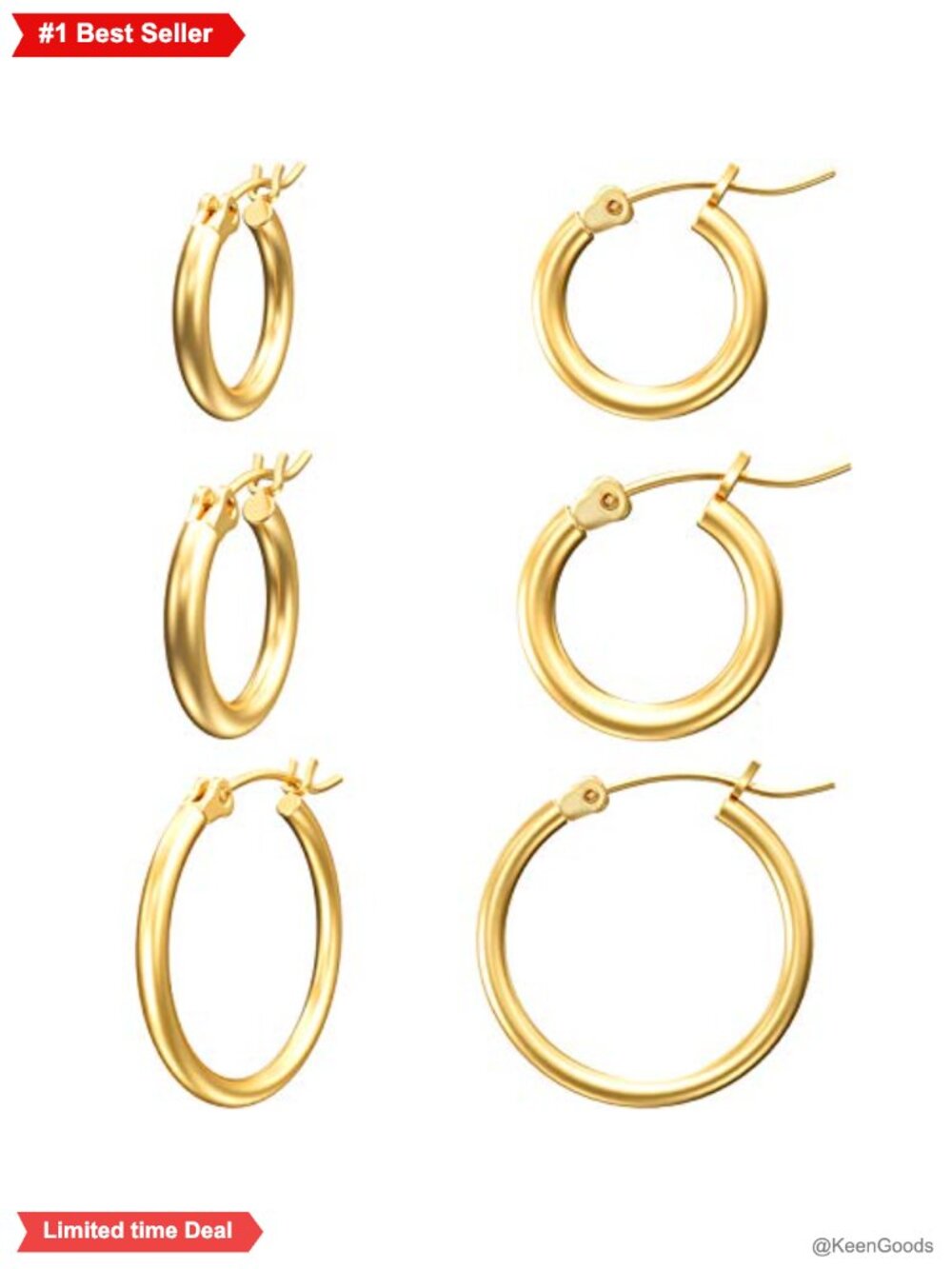 14K Gold Plated Hoop Earrings Hypoallergenic Lightweight 12mm 14mm 20mm